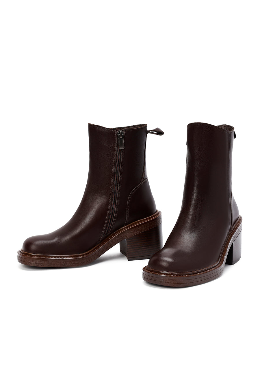 Women's Brown Zippered Thick Heel Leather Boots