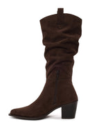 Woman Brown Zip Closure Chunky Heeled Suede Cowboy Boots | Derimod