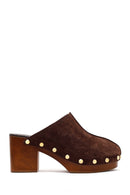 Women's Brown Platform Chunky Heel Suede Leather Slippers | Derimod