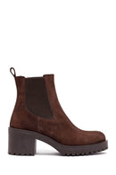 Woman Brown Chunky Heel Suede Leather Chelsea Boots | Derimod