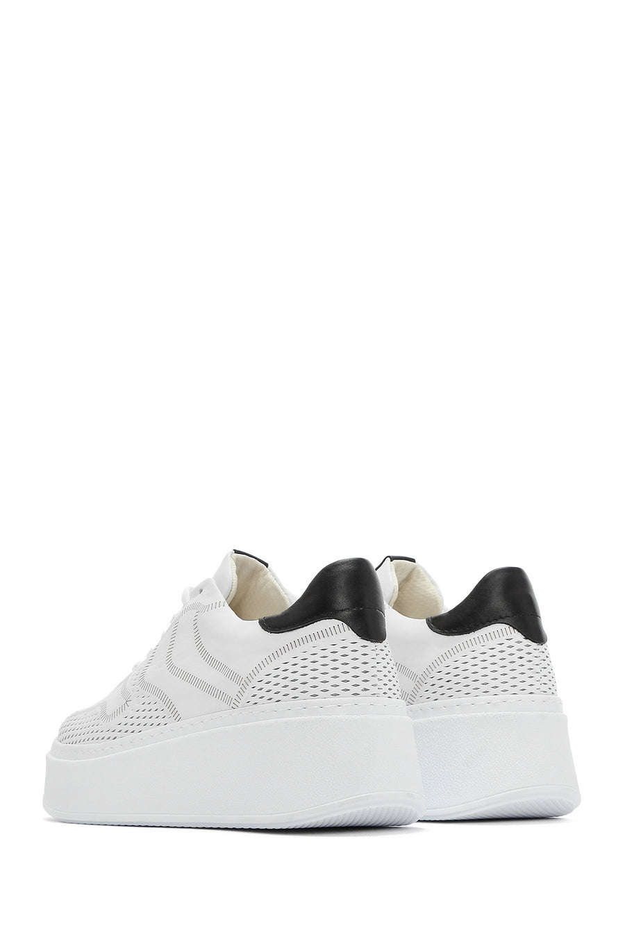 Woman White Laced Thick Sole Leather Sneakers