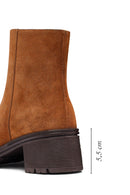 Woman Tan Zippered Chunky Heel Suede Leather Boat | Derimod