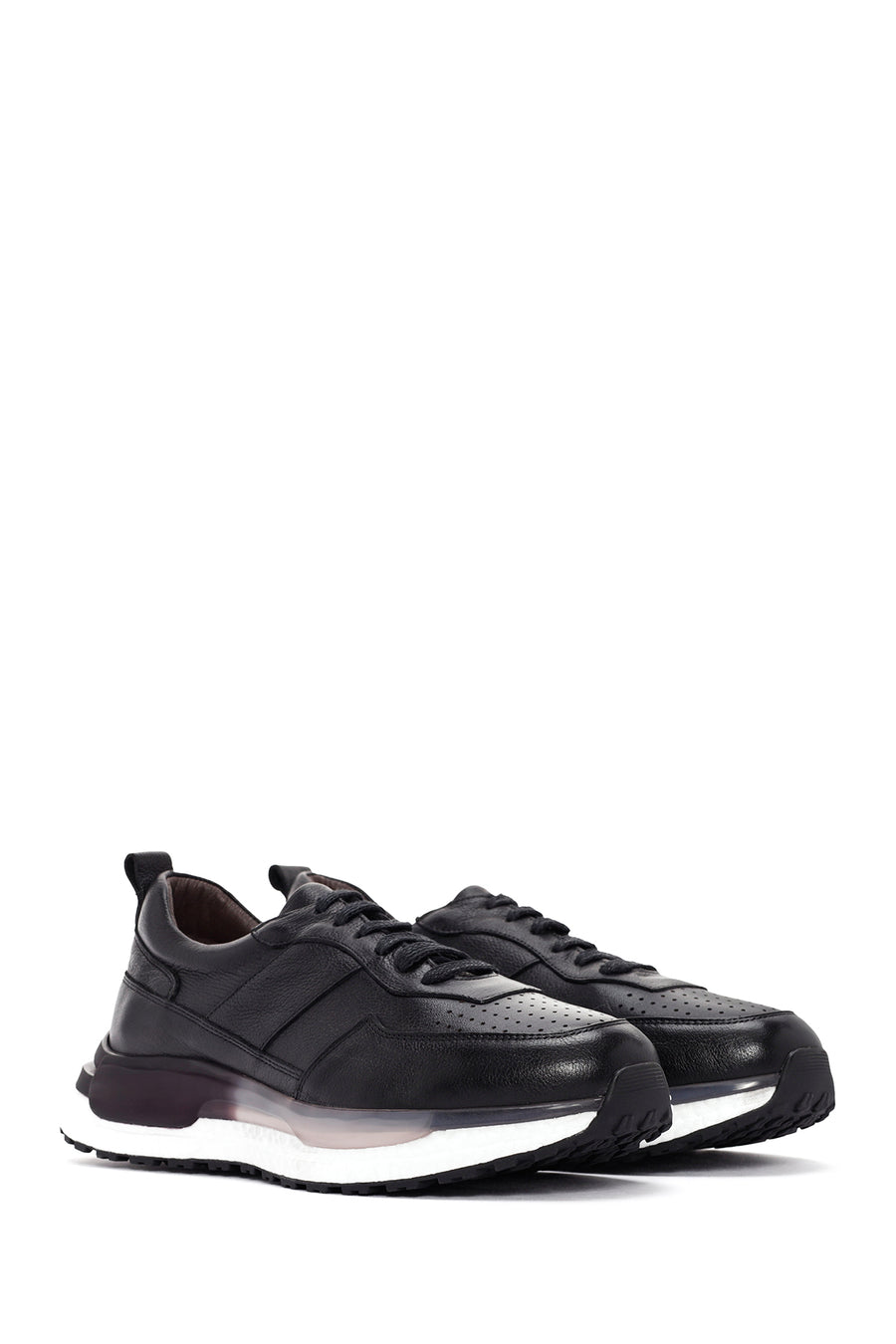 Men's Black Lace-up Thick-Sole Leather Casual Sneaker