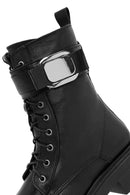 Women's Black Lace-Up Zipper Detailed Leather Combat Boots | Derimod