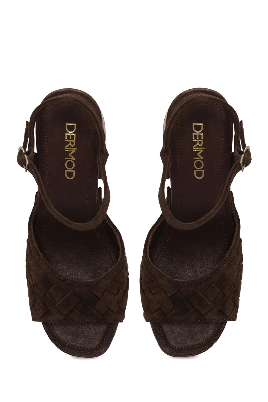 Woman Brown Ankle Buckled Chunky Heeled Suede Sandal