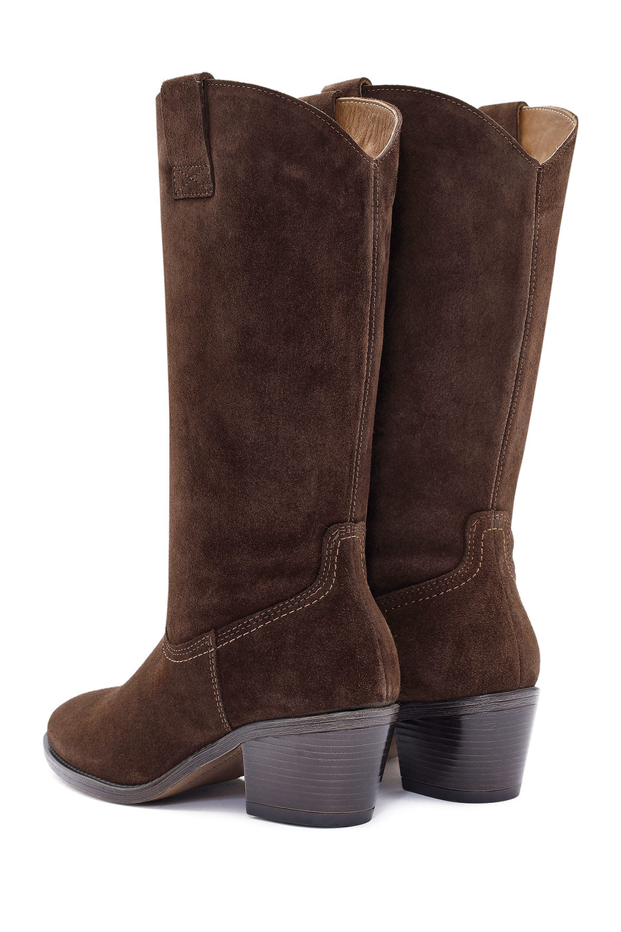 Woman Brown Chunky Heel Suede Leather Cowboy Boots