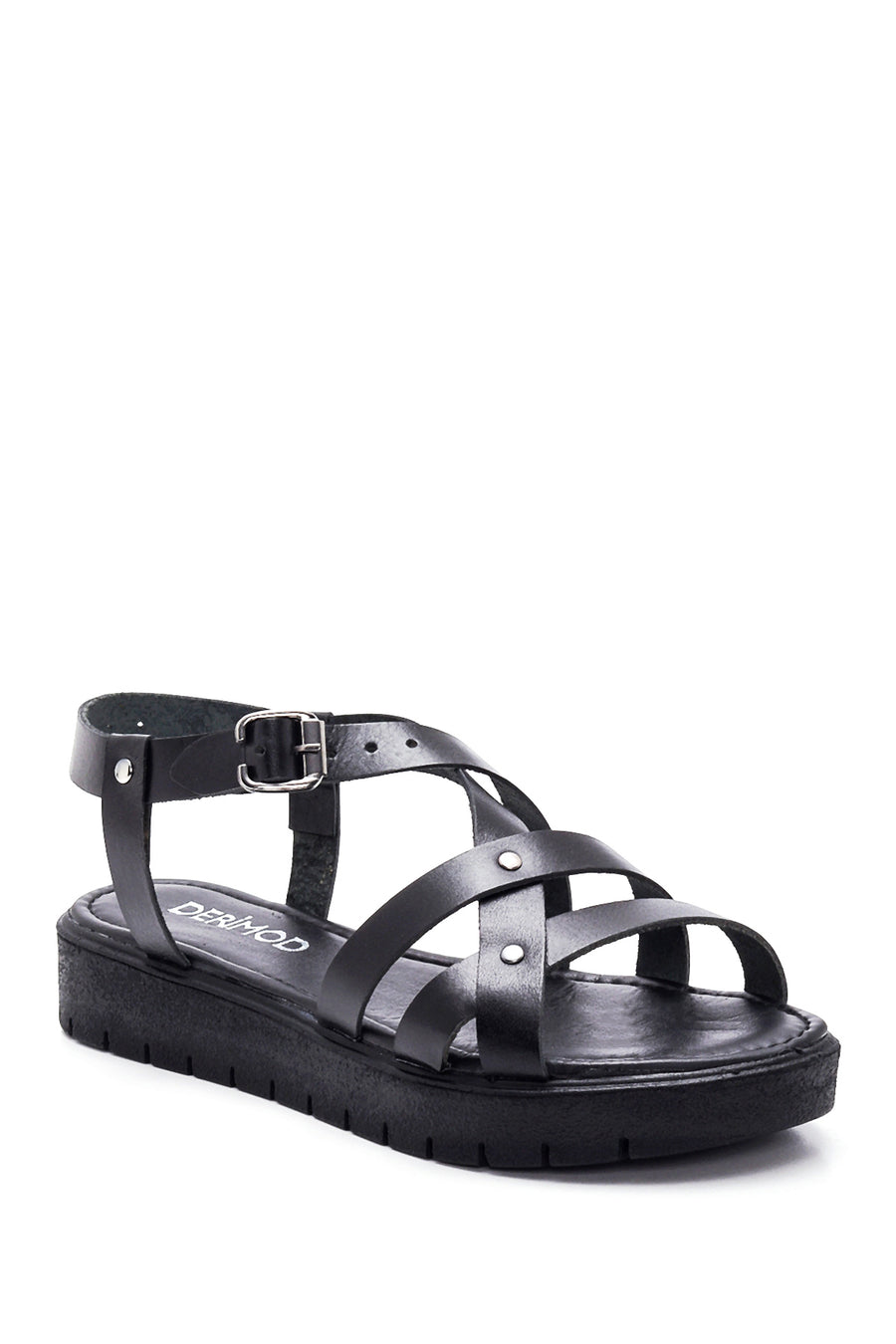 Women's Black Leather Flat Bodrum Sandals