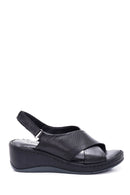 Women's Black Leather Comfort Wedge Heel Sandals | Derimod