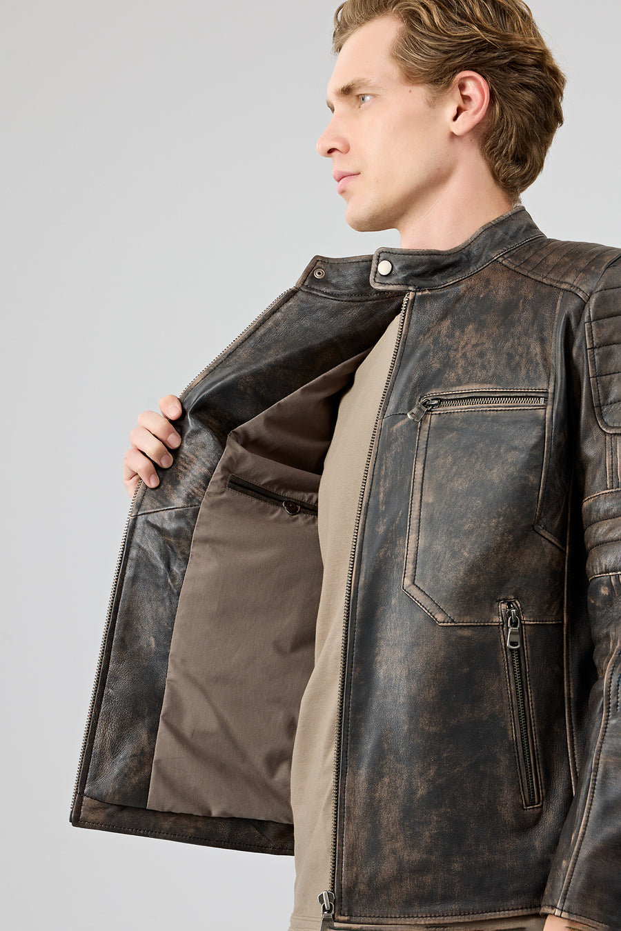 Morant Men's Brown Vintage Slim-Fit Leather Jacket