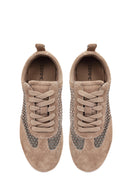 Women's Mink Lace-up Rhinestone Suede Leather Sneaker | Derimod