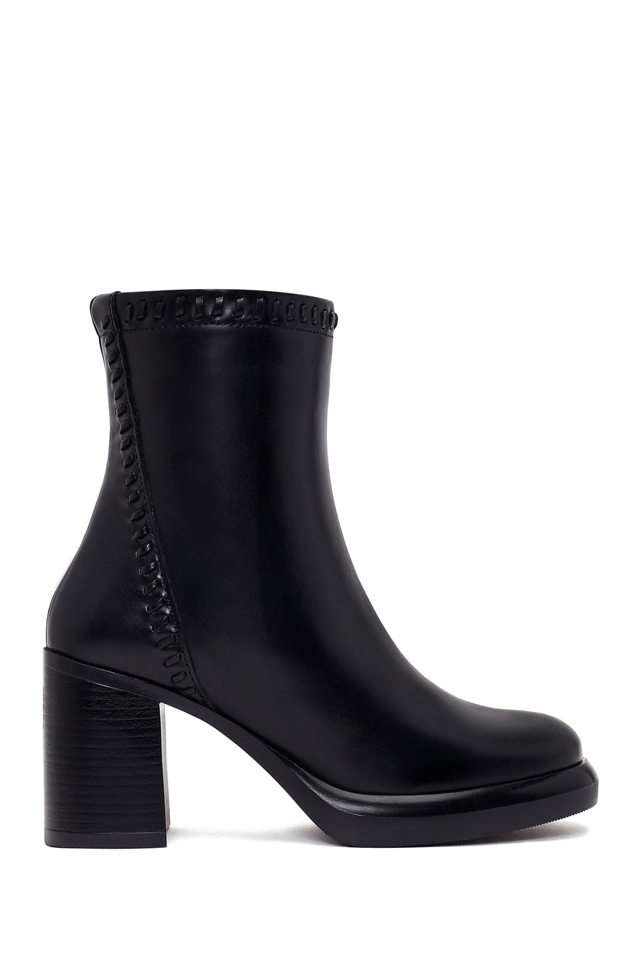 Woman Black Zip Closure Thick-Heeled Leather Boots WF190062DV | Derimod