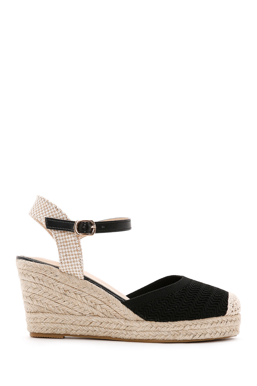 Women's Black Ankle Strap Wedge Heeled Espadrille 25SFE49126F | Derimod