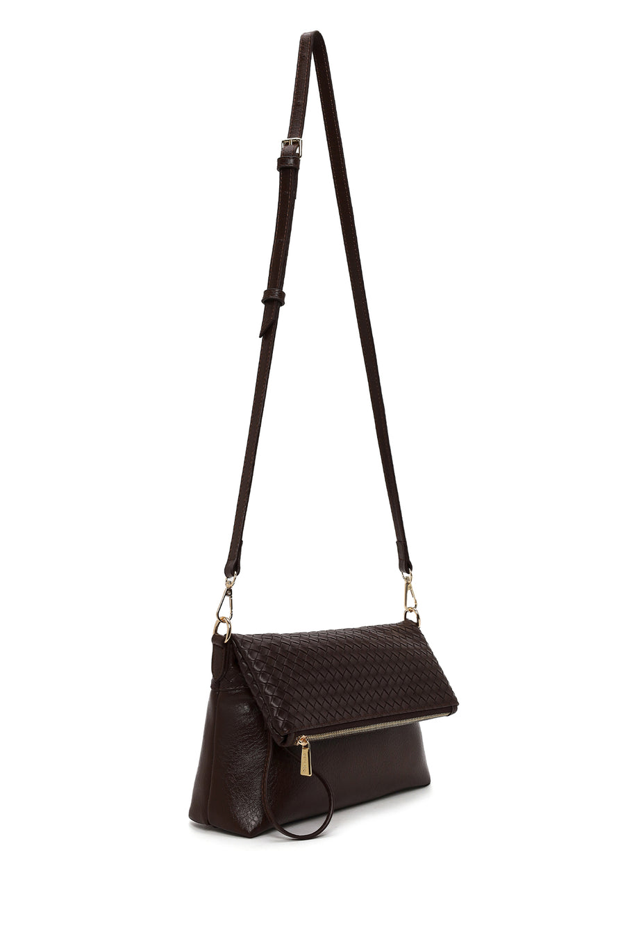 Woman Brown Long-Strap Woven Crossbody Bag