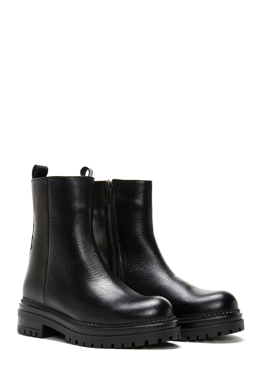 Women's Black Leather Zippered Thick Soled Boots
