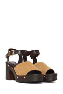 Woman Beige Ankle-Strap Buckled Thick-Heeled Suede Leather Sandals | Derimod