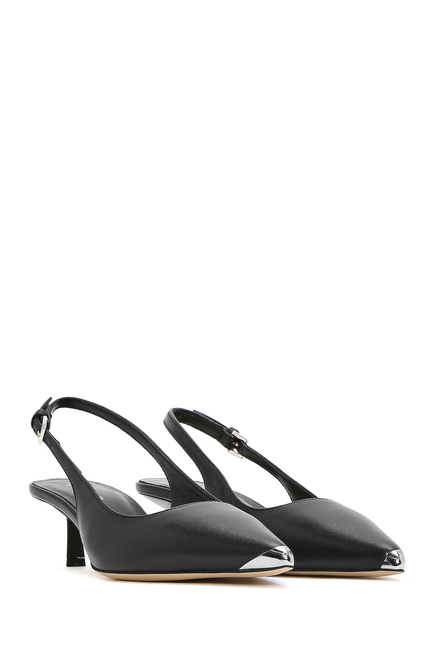 Women's Black Leather Low Heeled Slingback Shoes