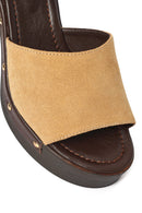 Woman Beige Ankle-Strap Buckled Thick-Heeled Suede Leather Sandals | Derimod