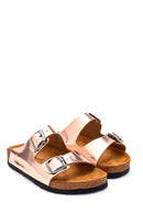 Women's Pink Leather Double Buckle Casual Flat Slippers | Derimod