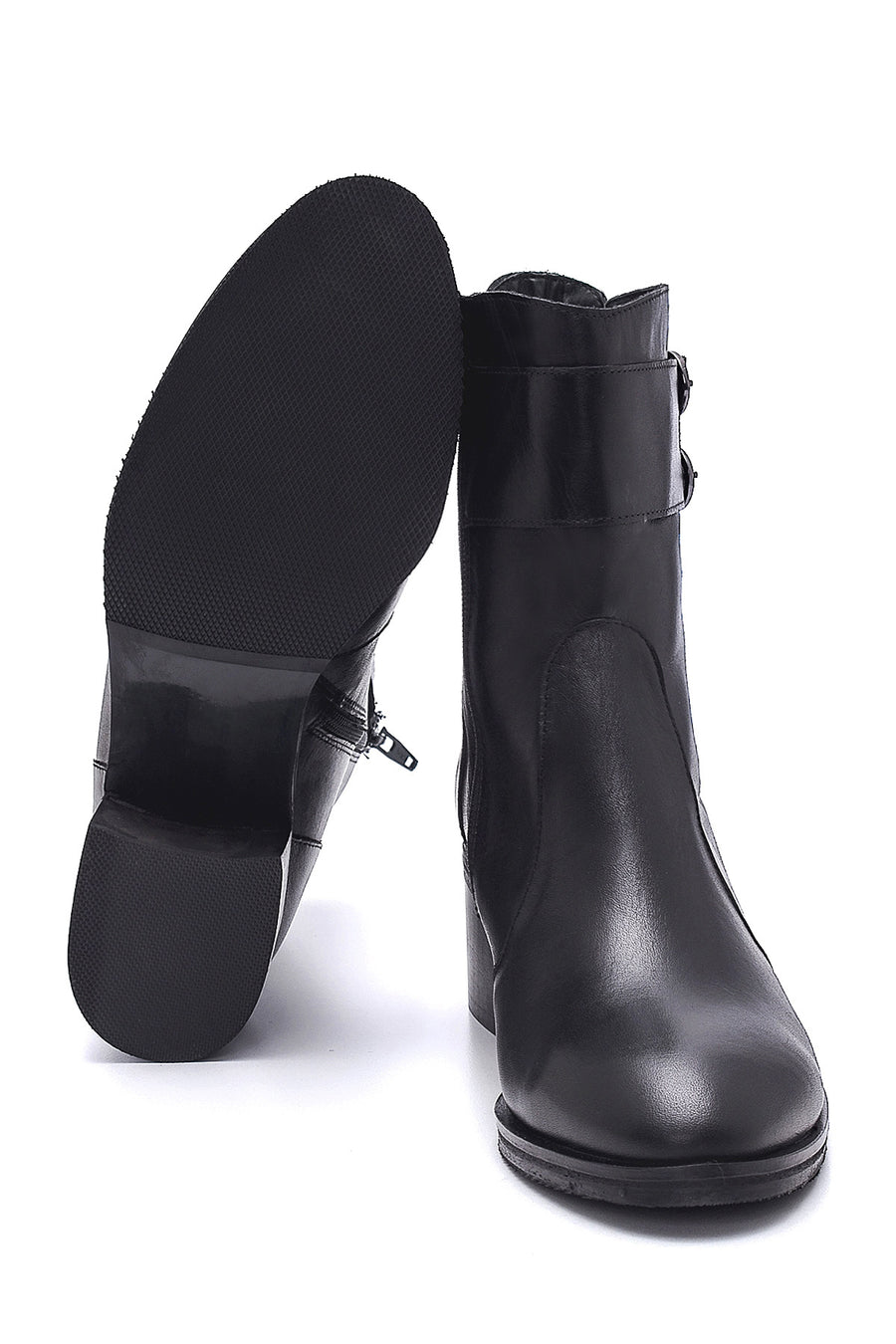 Women's Leather Double Buckle Medium Heel Boots