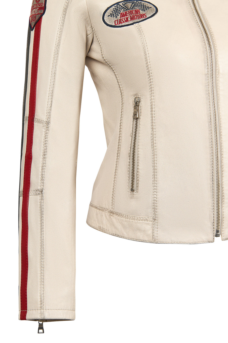 Ladyracer Kadın Beyaz Armalı Slim-Fit Deri Ceket