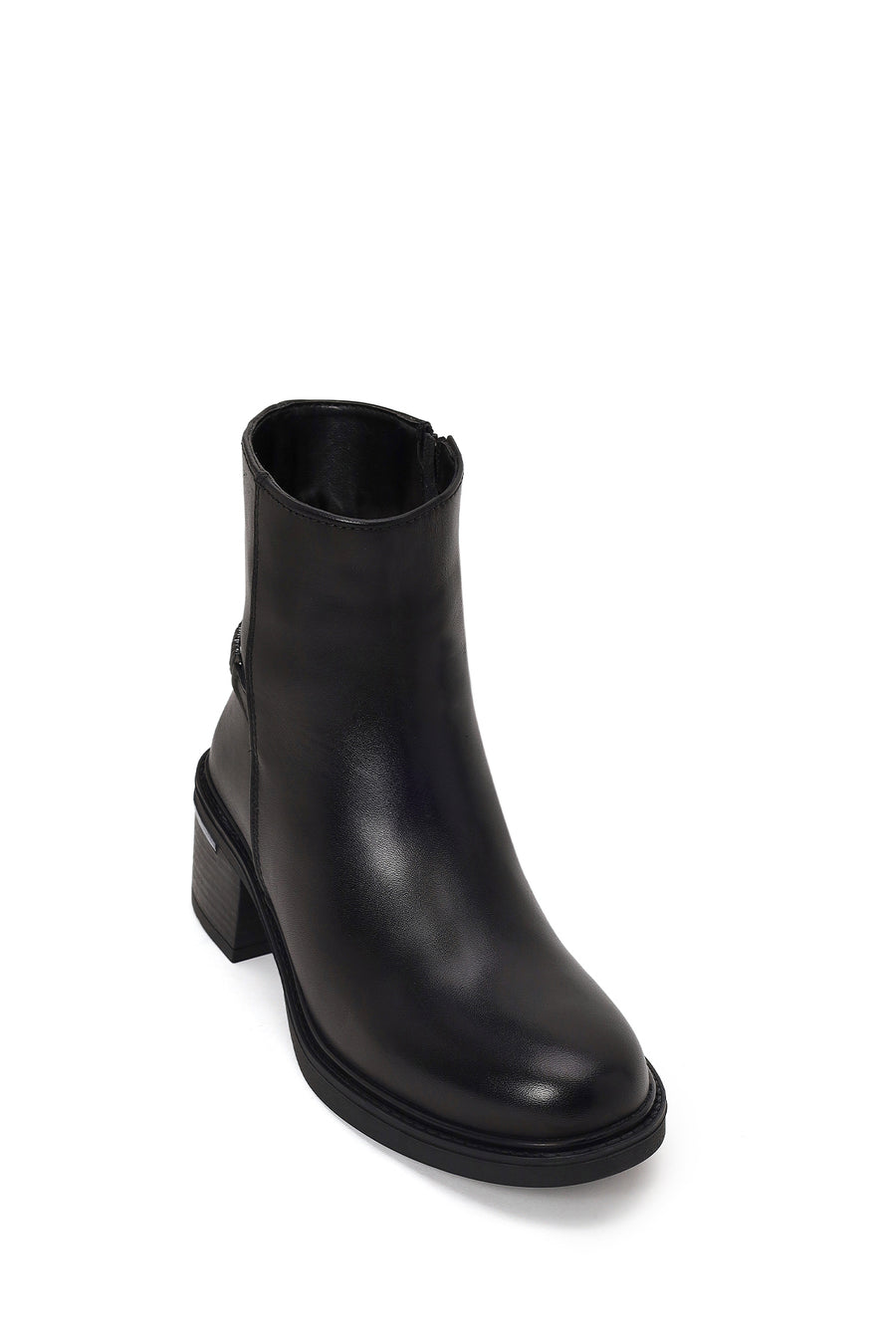 Woman Black Zip Closure Chunky-heeled Leather Boots