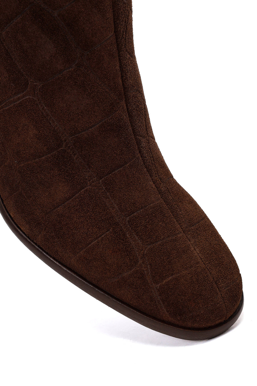 Woman Brown Zip Closure Printed Thick-Heeled Suede Boots