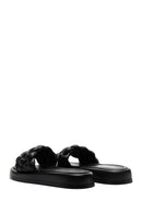 Women's Black Leather Braided Comfort Slippers | Derimod