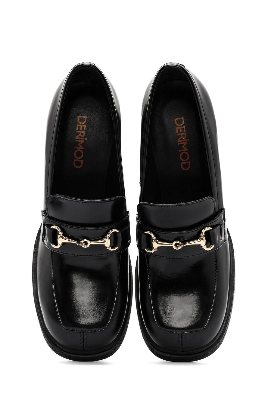 Women's Black Buckle Detailed Thick High Heel Leather Loafer