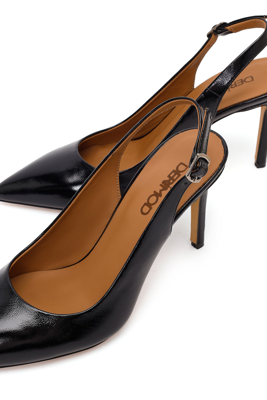 Women's Black Ankle Buckle Open Back Thin Heel Patent Leather Shoes