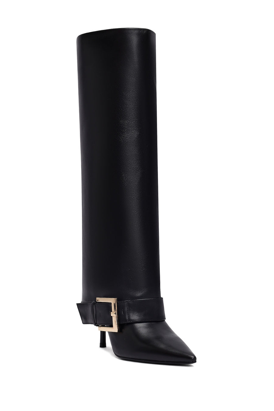 Women's Black Buckled Thin Heeled Leather Boot