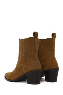 Woman Tan Zip Closure Chunky Heeled Suede Boots | Derimod