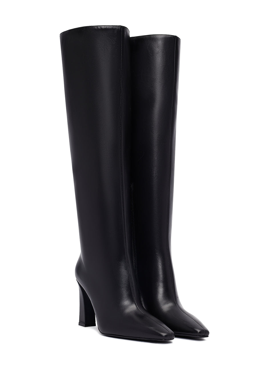 Women's Black Zippered High Thick Heel Leather Boot