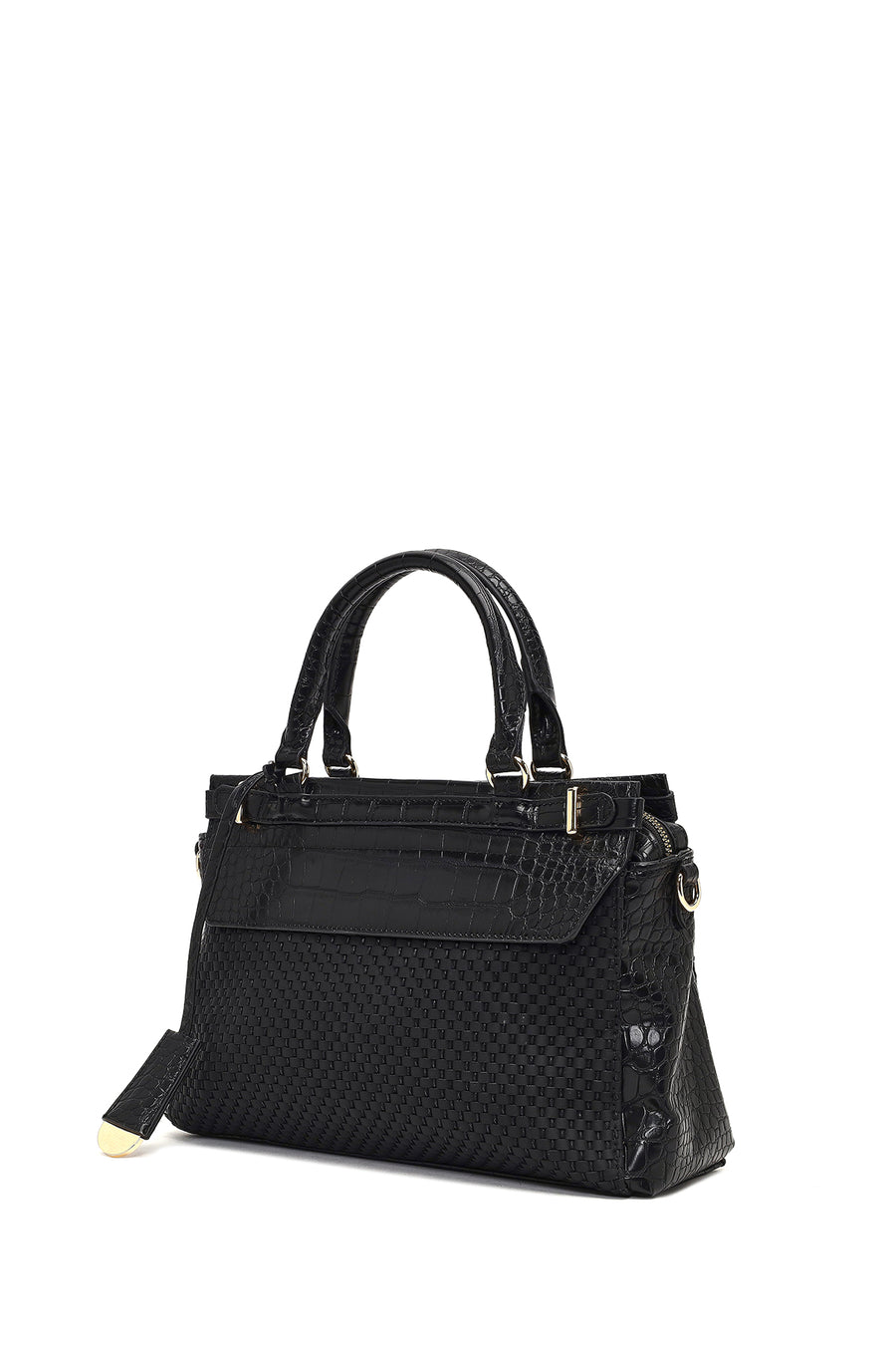 Women's Black Long Strapped Patterned Shoulder Bag
