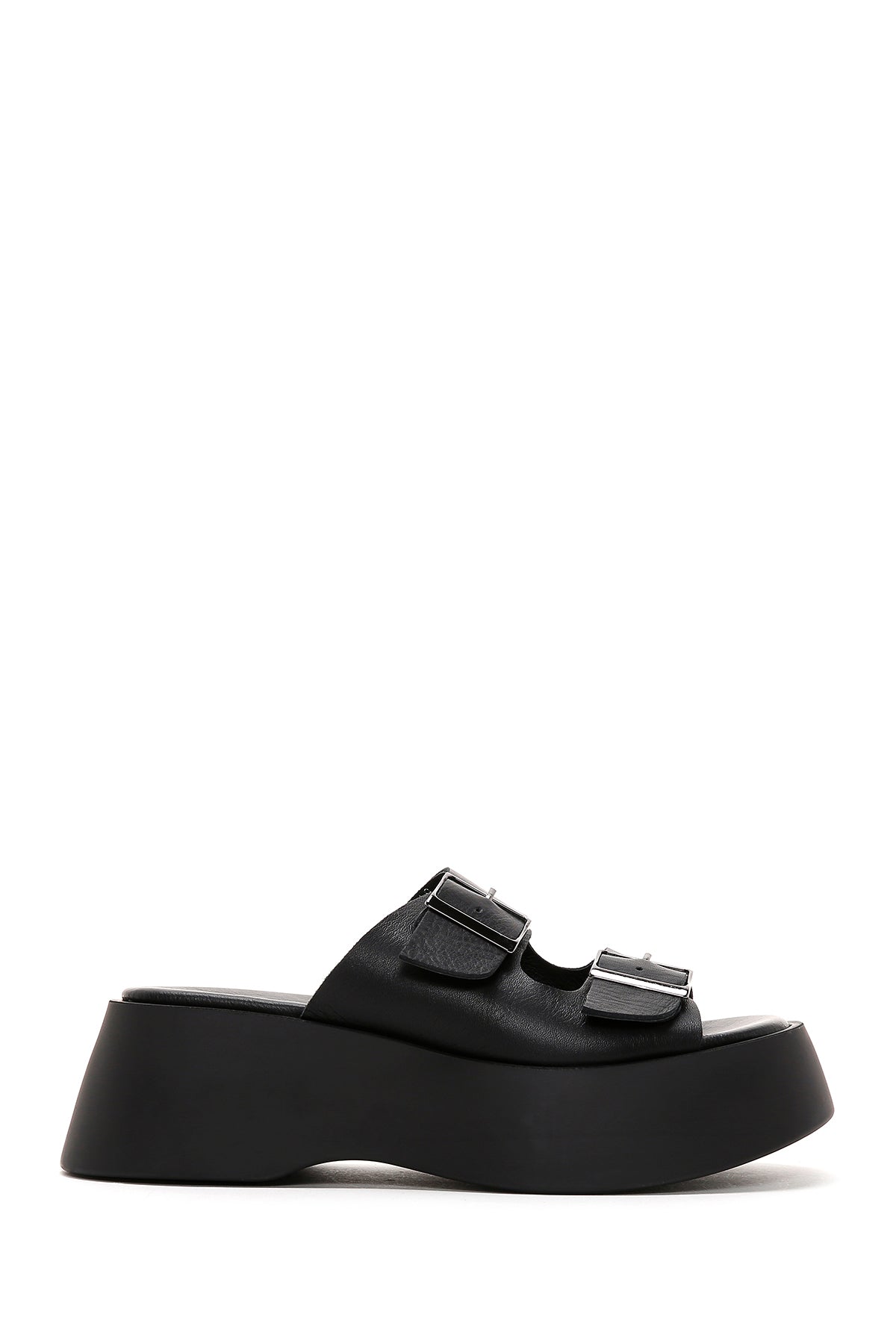 Women's Black Leather Double Buckle Thick Soled Slippers 23SFD152518 | Derimod