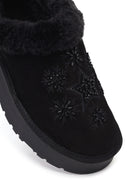 Woman Black Thick-soled Embellished Suede Leather Teddy Slipper | Derimod