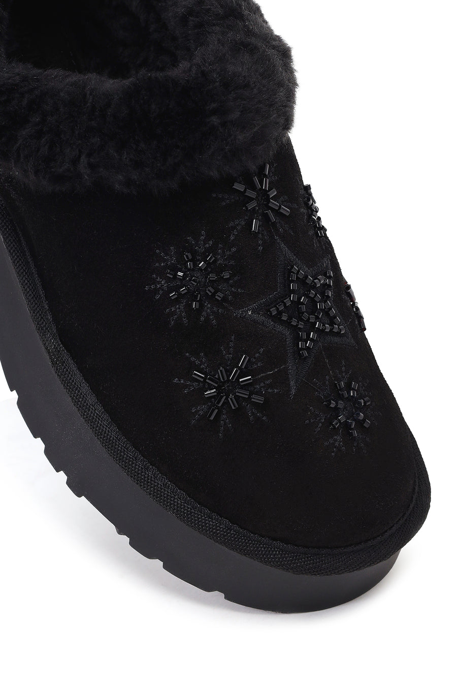 Woman Black Thick-soled Embellished Suede Leather Teddy Slipper