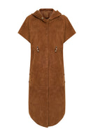 Miranda Women's Brown Hooded Suede Leather Long Vest | Derimod