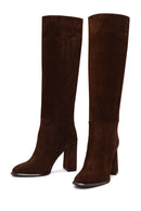 Woman Brown High Thick-Heeled Suede Boots | Derimod