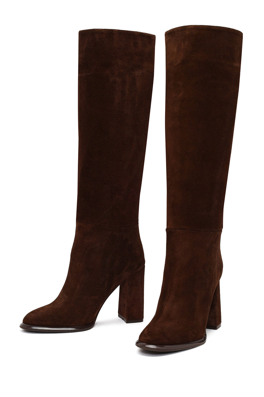 Woman Brown High Thick-Heeled Suede Boots