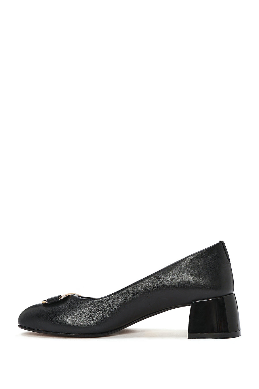 Women's Black Buckle Detailed Low Thick Heel Leather Shoes