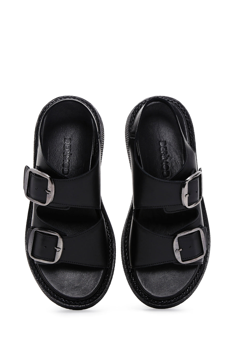 Women's Black Double Buckle Leather Comfort Sandals