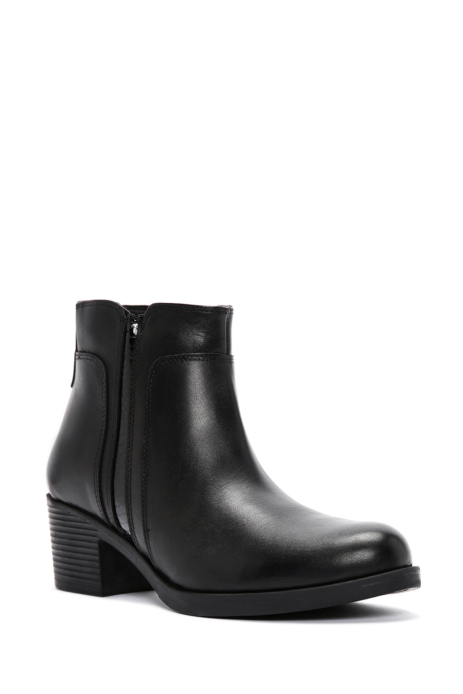 Women's Black Zippered Thick Heeled Leather Boots