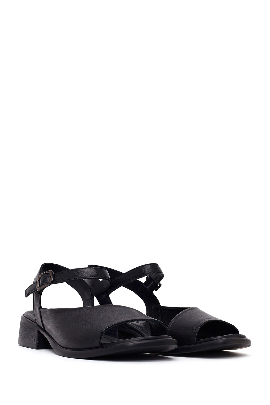 Woman Black Ankle-Buckle Low-Heel Leather Sandals