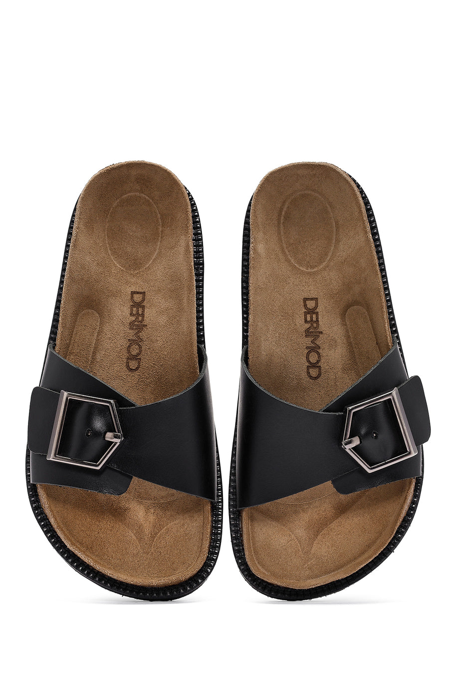 Women's Black Buckle Leather Slippers