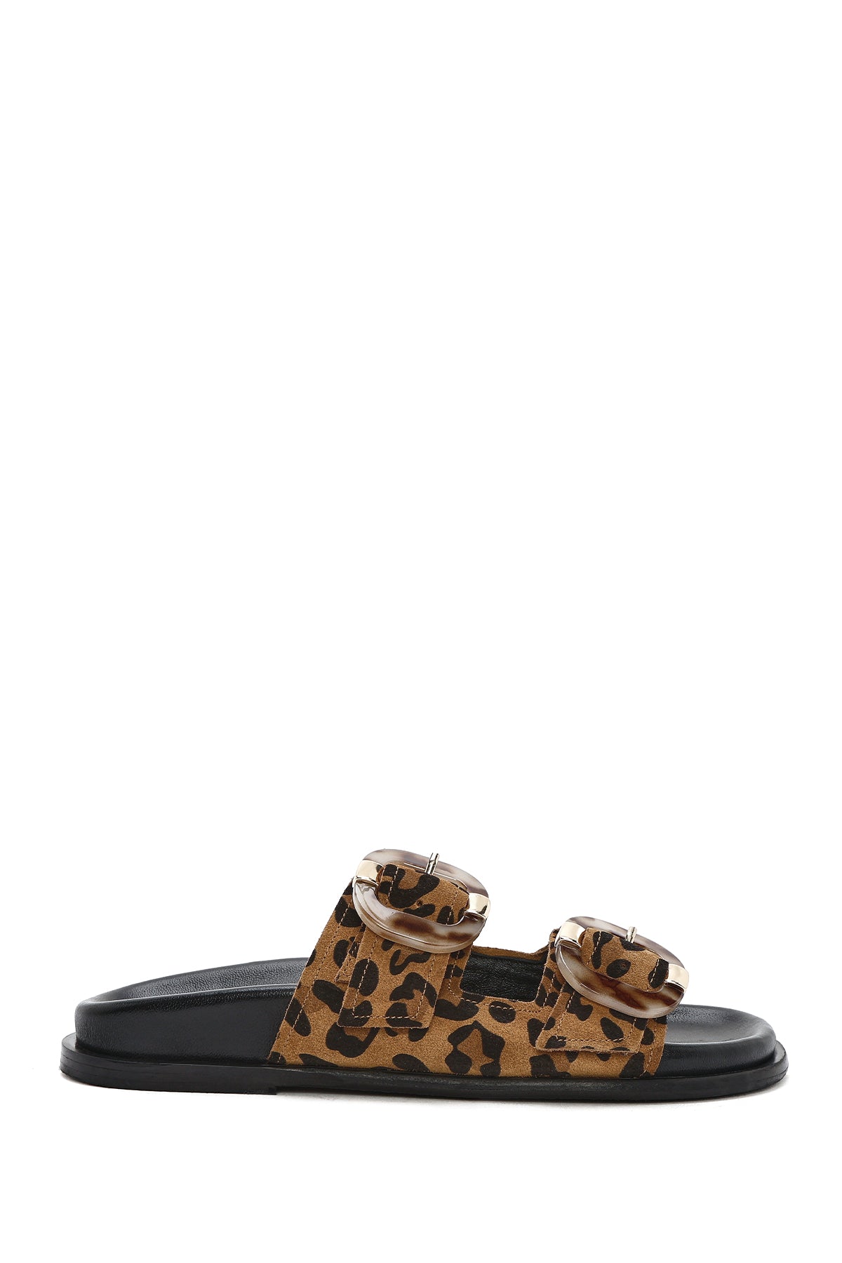 Women's Leopard Double Buckled Suede Leather Slippers 25SFD200710 | Derimod