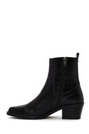 Woman Black Thick-Heel Croc-Embossed Leather Cowboy Boots | Derimod