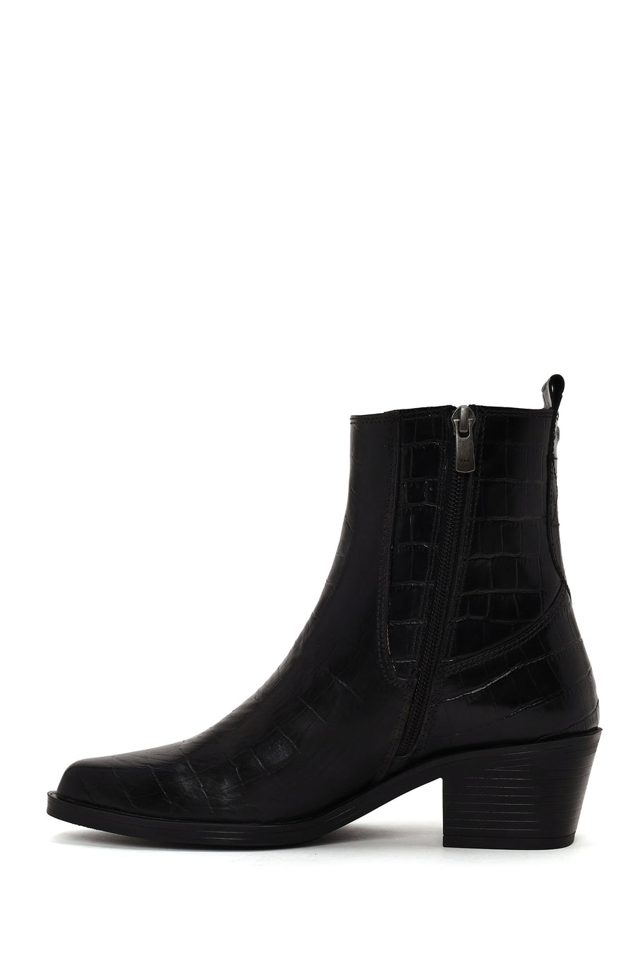 Woman Black Thick-Heel Croc-Embossed Leather Cowboy Boots