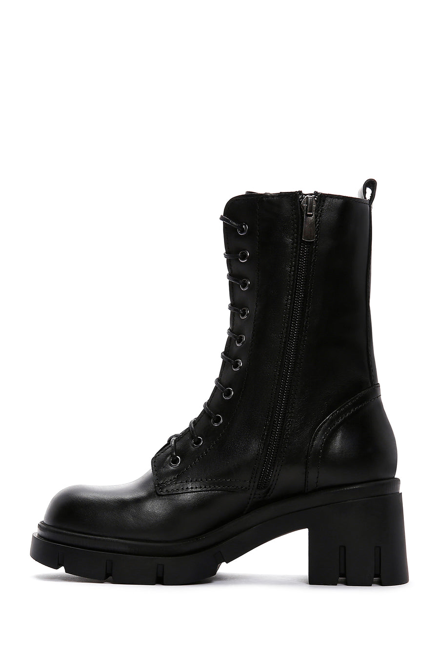 Women's Black Leather Zippered Heeled Boots