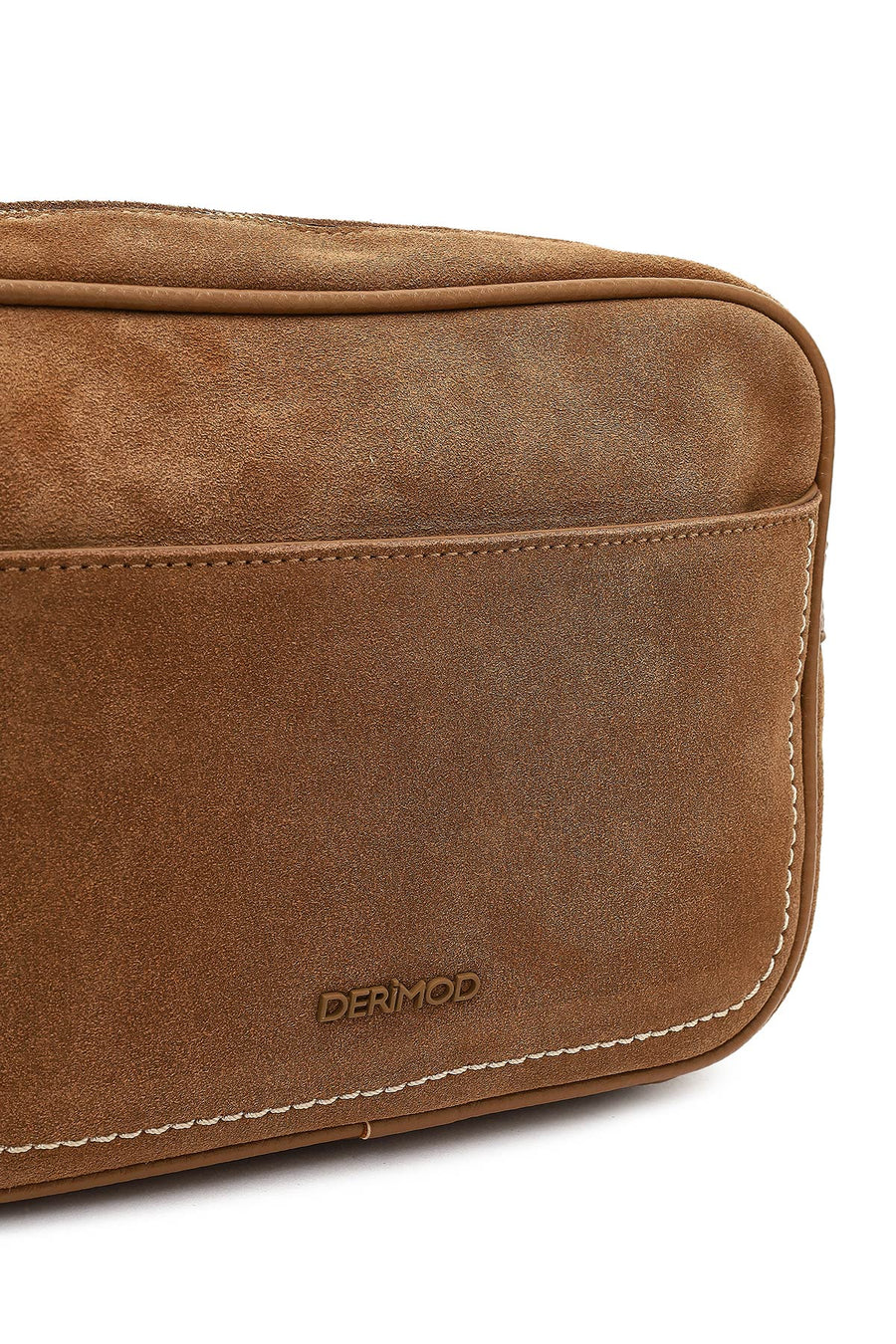 Woman Tan Long-Strap Suede Crossbody Bag