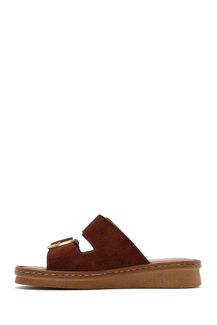 Woman Tan Buckled Suede Leather Comfort Slippers